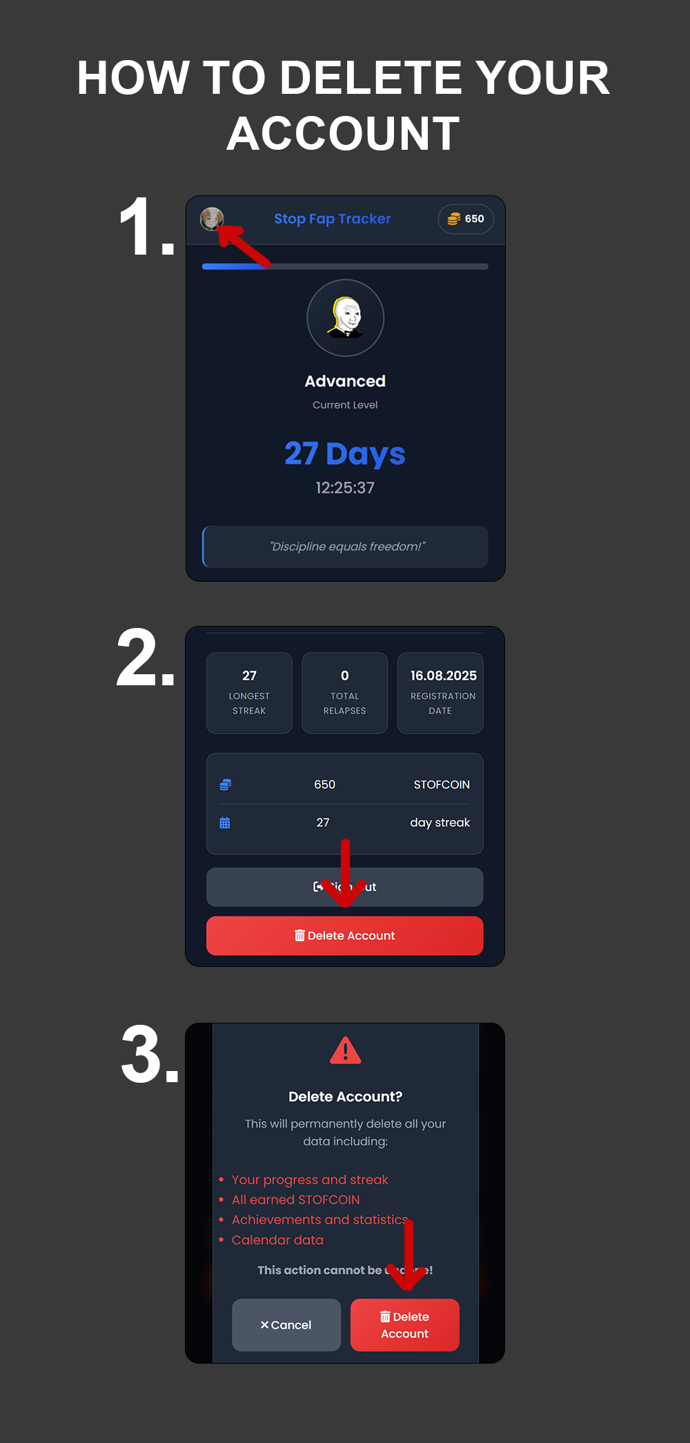 Account deletion screen in Stop Fap app